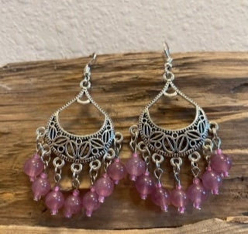 Pink Quartz Chandelier Earrings Strawbery Quartz Earrings Quartz Earrings Healing Jewelry Western Jewelry Pink Chandelier Earrings Boho Jewe image 1