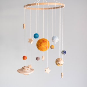 Needle felted 100% wool Solar system mobile, Sun and planets hanging decor, Wooly Galaxy set, Outer space nursery, Baby crib eco decor