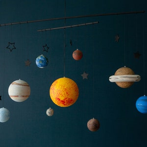 Exclusive, hand made, solar system hanging model with stars, Sun and planets mobile, Outer space nursery, Galaxy decor, Planets decoration.