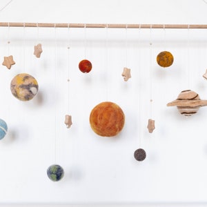 Wool felted space mobile with wooden stars, Sun and planets decor, Outer space wall hanging, Solar system wall decor, Galaxy decoration