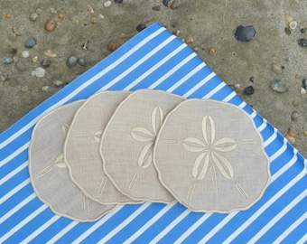 Linen Sand Dollar Cocktail Napkins Set of 4 | Coastal Table Decor, Grandmillennial Entertaining, Hostess & Wedding Gift