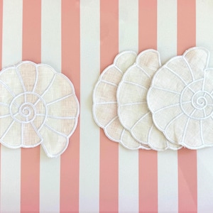 4x Seashell Linen Cocktail Napkin | Christmas Gift, Coastal Decor, Bar Accessories, Embroidered Napkin, Stocking Stuffer, Gifts for Her
