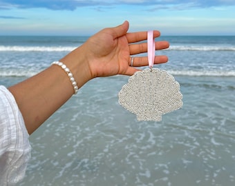 Set of 2 White Beaded Shell Christmas Ornament| Beachy Christmas Gift, Gifts for Her, Hostess Gifts, Coastal Christmas Decor