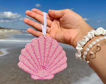 Set of 2 Pink Beaded Shell Christmas Ornament | Beachy Christmas Gift, Gifts for Her, Hostess Gifts, Coastal Christmas Decor