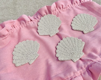 White Beaded Shell Coasters – Set of 4 | Coastal Table Decor, Grandmillennial Entertaining, Summer Hostess Gift, Birthday & Dorm Decor