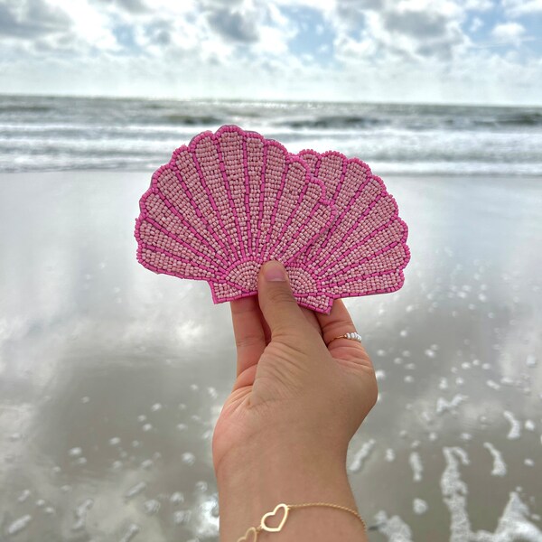 Beaded Pink Shell Coaster Set of 4, Coastal Table Decor, Teacher Gift, Bridesmaid Gift, Grandmillenial Design