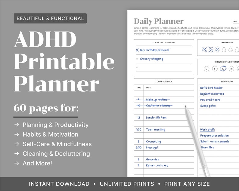 ADHD Planner Printable, ADHD Todo List, Adult Workbook, Daily Planner