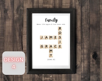 May include: A framed wall art print featuring the word Family and the phrase Where life begins & love never ends. The design includes a crossword-style arrangement of letter tiles spelling James, Rosie, Grace, and Amy, with a score of 35.