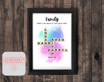 May include: A framed wall art print featuring a crossword-style arrangement of wooden letter tiles spelling the names Logan, Danni, Rheo, and Darryl over a watercolour background in shades of blue, purple, and pink, with the text Family, Where life begins & love never ends, and Total: 36.