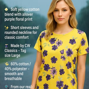 May include: Yellow floral tee shirt with purple flowers. The shirt has short sleeves and a rounded neckline. The text on the shirt says "CW Classics Yellow Floral Tee SIZE L". The shirt is made of a cotton and polyester blend.