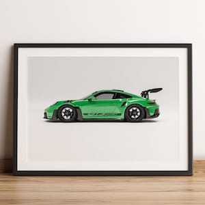 Porsche 911 (992) GT3 RS pôster impressão vista lateral estúdio, python verde