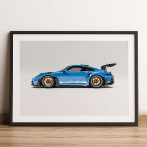ポルシェ 911 (992) GT3 RS ポスター プリント スタジオ サイドビュー、シャーク ブルー