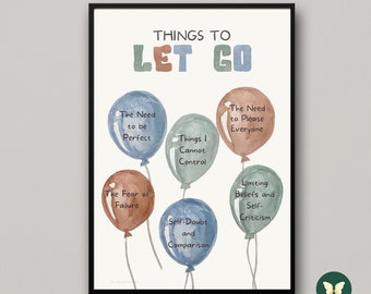 May include: A printable poster featuring watercolour illustrations of balloons. Each balloon has a phrase written on it, such as "The Need to be Perfect", "The Fear of Failure", "Things I Cannot Control", "The Need to Please Everyone", "Self-Doubt and Comparison", and "Limiting Beliefs and Self-Criticism". The poster is titled "Things to Let Go" at the top.