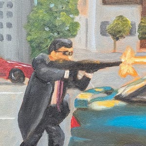 Original Oil Painting: Bank Shootout Scene, Sharp-Suited Figure, Dramatic Contrast, Bold Brushwork