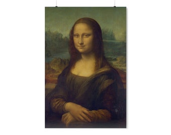 May include: A portrait painting of a woman with a soft smile. She has long, dark hair and is wearing a dark brown dress. The background is a landscape with a river and mountains.