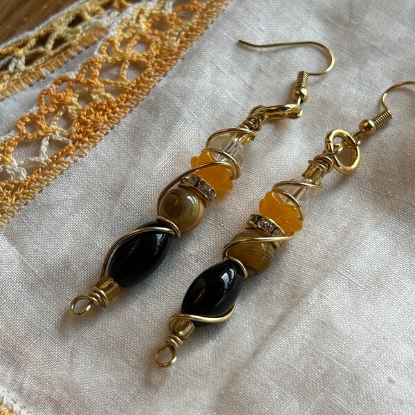 one of a kind natural gemstone glass bead and AB crystal repurposed vintage bead hand wrapped drop earrings