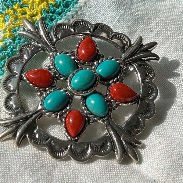 Rare Carolyn Pollack vintage never worn Southwestern Sterling coral and turquoise cross pendant