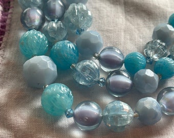 Vintage West German blue Lucite triple strand bead necklace