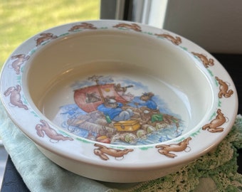 Royal Doulton Bunnykins Vintage Fine Bone China Cereal Bowl, Fishing Raft Design, English Children's Dish, Collectible Nursery Tableware