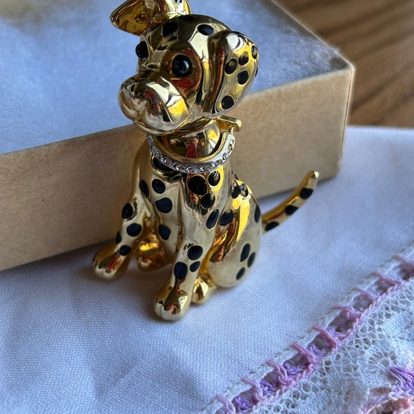 Vintage Goldtone Dalmatian dog brooch clear rhinestones collar black spot enamel