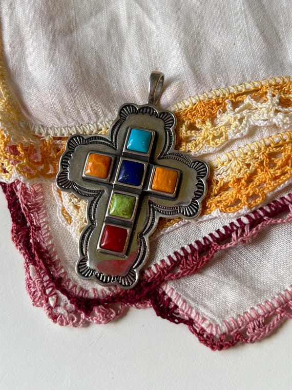 Vintage Don Lucas Sterling Cross Pendant: Coral, Lapis, Turquoise, Spiny Oyster