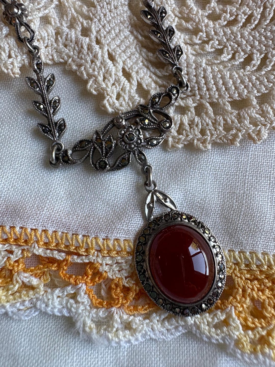 Vintage Carnelian Marcasite Sterling Silver Pendant Art Deco Necklace ...