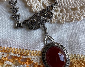 Vintage Sterling Silver Marcasite Yoke Chain Necklace, Art Deco Style Carnelian Pendant, Estate Jewelry, Never Worn Statement Piece