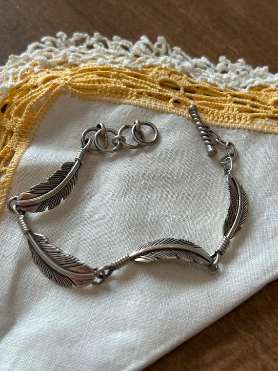 Vintage Native American Sterling Silver Feather Bracelet by