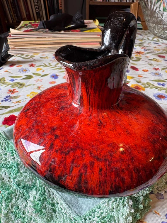 Vintage Canuck Pottery Evangeline Ware Pitcher: Red, Black Flame