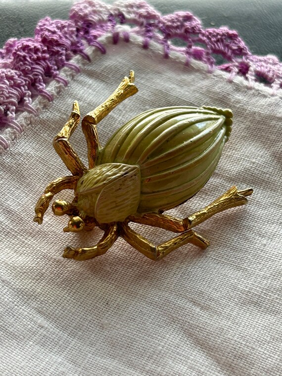 Vintage Goldtone and green enamel insect beetle br
