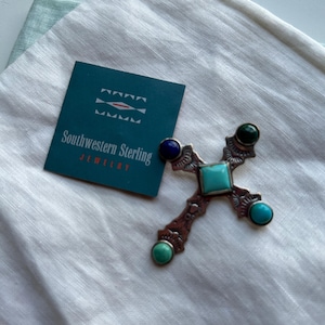 Southwestern Sterling vintage turquoise lapis cross pendant never worn