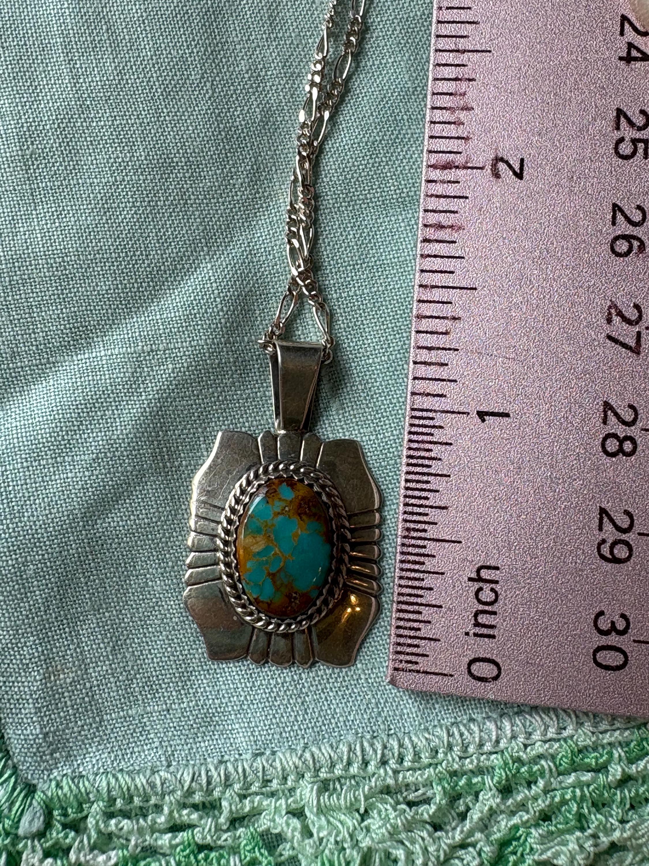 Vintage Native American Southwestern sterling silver turquoise pendant necklace signed LTB