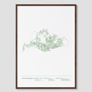 May include: A framed print showing a green map of Singapore's trees on a white background. The map details the city's layout. The frame is dark brown. Text at the bottom reads "Trees of Singapore".