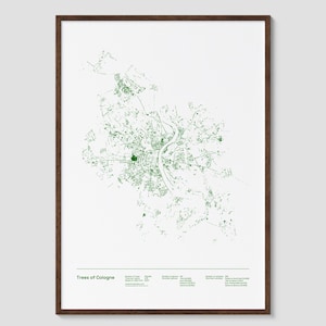 May include: A framed print titled "Trees of Cologne" displays a green map of the city's tree distribution on a white background. The print is in a dark brown wooden frame. The bottom of the print includes text and data about the trees.