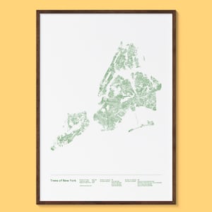 Datavisualisatieposter Trees of New York | Fysieke NYC-kaartkunstdruk, minimalistisch kunstwerk met geografische gegevens voor boomliefhebbers