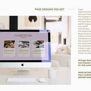 May include: A computer screen displaying a website page with the title "Competitors Analysis". The page is divided into three sections, each with a photo and text. The website is designed in a light purple color scheme. The computer is sitting on a white desk with a white mug and a white keyboard.