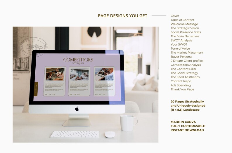 May include: A computer screen displaying a website page with the title "Competitors Analysis". The page is divided into three sections, each with a photo and text. The website is designed in a light purple color scheme. The computer is sitting on a white desk with a white mug and a white keyboard.