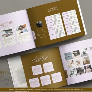 May include: A social media strategy guide with a purple and gold color scheme. The guide includes sections on competitors, the social strategy, and the feed. The guide is designed for use with Canva.