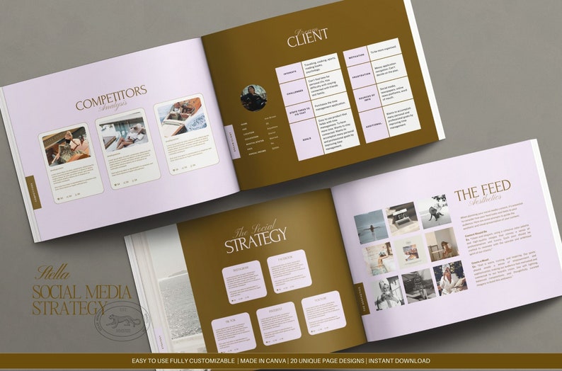 May include: A social media strategy guide with a purple and gold color scheme. The guide includes sections on competitors, the social strategy, and the feed. The guide is designed for use with Canva.