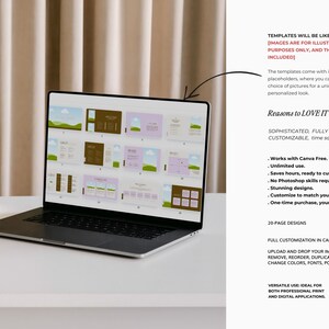 May include: A laptop computer displaying a Canva design template with a green, brown, and pink color scheme. The text "Reasons to LOVE IT" is visible on the right side of the image. The text "SOPHISTICATED, FULLY CUSTOMIZABLE, time saving" is also visible.
