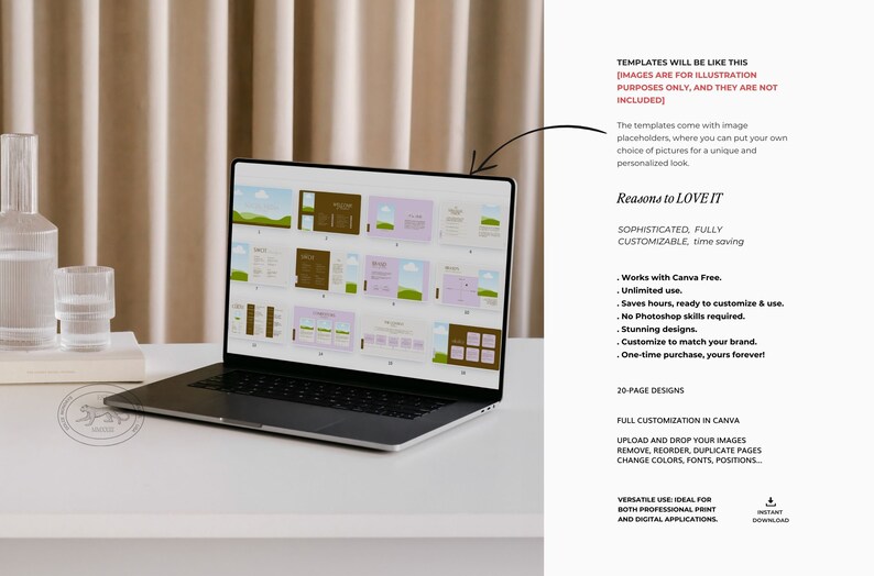 May include: A laptop computer displaying a Canva design template with a green, brown, and pink color scheme. The text "Reasons to LOVE IT" is visible on the right side of the image. The text "SOPHISTICATED, FULLY CUSTOMIZABLE, time saving" is also visible.