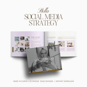 May include: A social media strategy guide with a gold and white colour scheme. The cover features a woman with a towel on her head and the text "Social Media Strategy". The guide is made in Canva and includes 20 unique page designs.