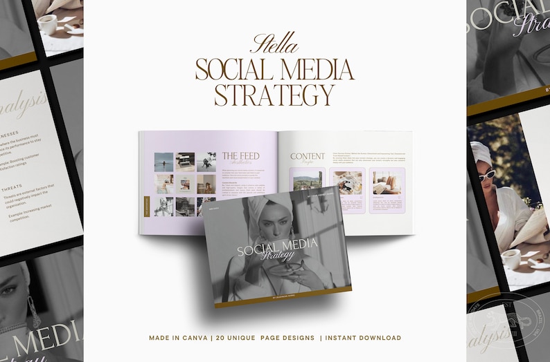 May include: A social media strategy guide with a gold and white color scheme. The cover features a woman with a towel on her head and the text "Social Media Strategy". The guide is made in Canva and includes 20 unique page designs.