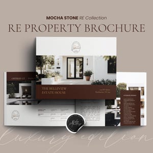 Op de afbeelding: Een brochure getiteld "RE Property Brochure" uit de "Mocha Stone RE Collection". De brochure bevat afbeeldingen van een luxe huis, met de tekst "The Bellevue Estate House" en "Luxury Edition".
