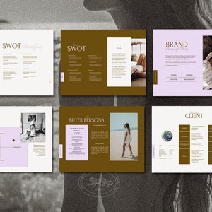May include: A brown and white business presentation with the words "SWOT Analysis", "BRAND", "BUYER PERSONA", "CLIENT", and "BRAND'S" in a gold font. The presentation includes images of women in various settings.