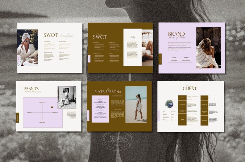 May include: A brown and white business presentation with the words "SWOT Analysis", "BRAND", "BUYER PERSONA", "CLIENT", and "BRAND'S" in a gold font. The presentation includes images of women in various settings.