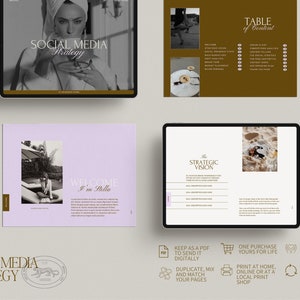 May include: A digital guide titled "Stella Social Media Strategy" with a table of contents, a welcome page, and a section on strategic vision. The guide features images of a woman in a pool and a woman in a dress.