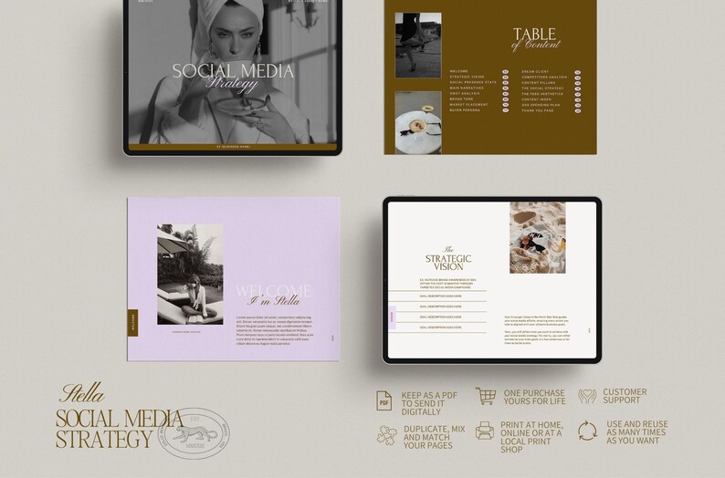 May include: A digital guide titled "Stella Social Media Strategy" with a table of contents, a welcome page, and a section on strategic vision. The guide features images of a woman in a pool and a woman in a dress.