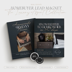 May include: Two dark blue printable guides with gold text. The first guide is titled "Homeownership 90-Day Planner" and features a woman working on a laptop. The second guide is titled "From Renter to Homeowner in 90 Days" and features a bedroom interior. Both guides have a sticker with the text "Written Copy Done-For-You".