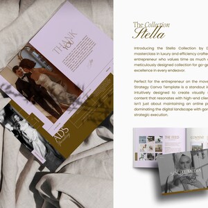 May include: A pink and gold brochure with the text "The Collection Stella" and "Introducing the Stella Collection by Dolce Mondays" on the front cover. The brochure is open to reveal a page with the text "Social Media Strategy Canva Template" and a photo of a woman in a black and white photo.